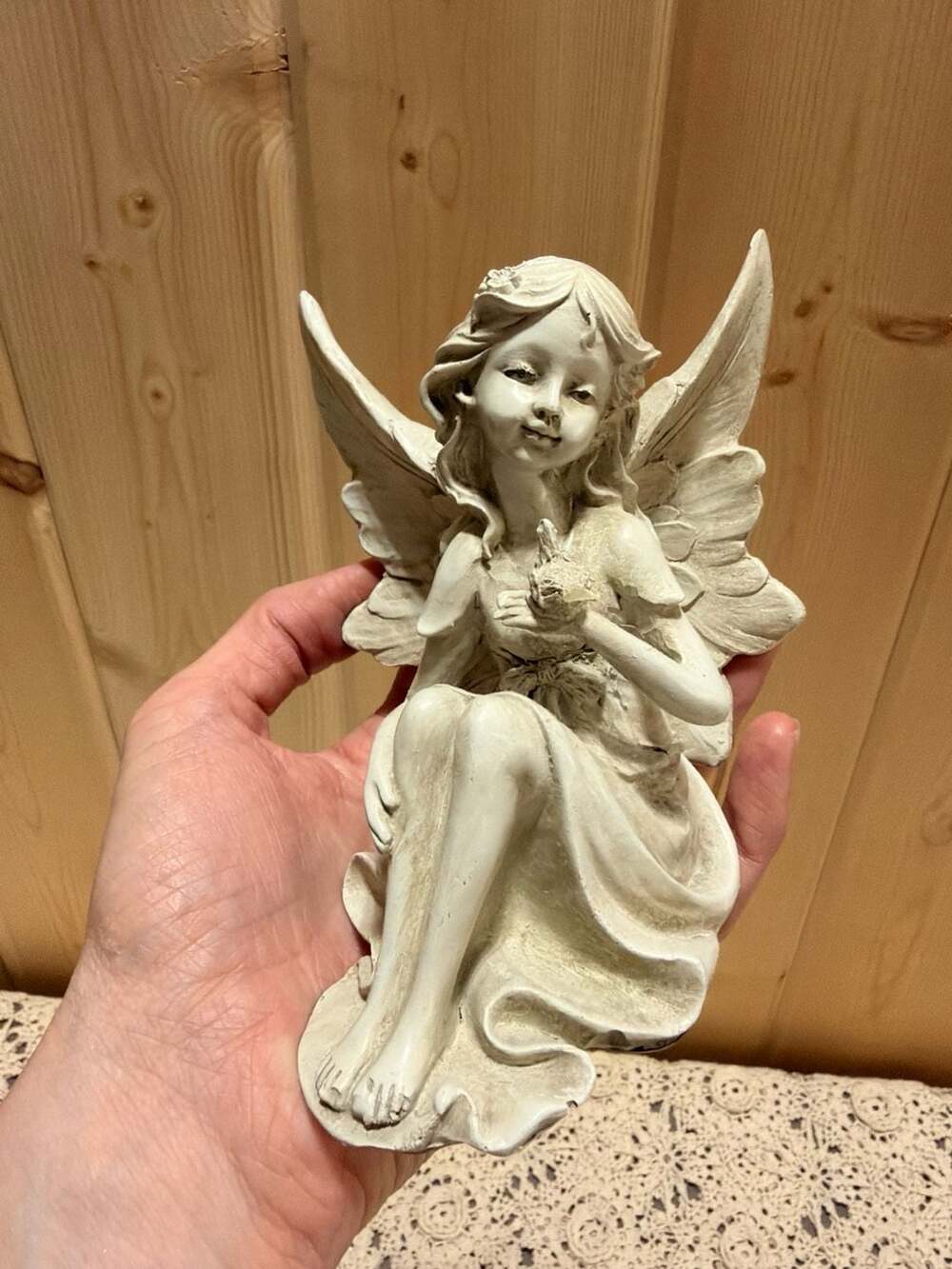 Cottage Fairy Figurine Statue With Bird Resin Garden Ornament Shelf Decor